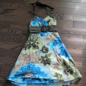 Suzy Shier Vibrant Blue and Brown Floral Dress